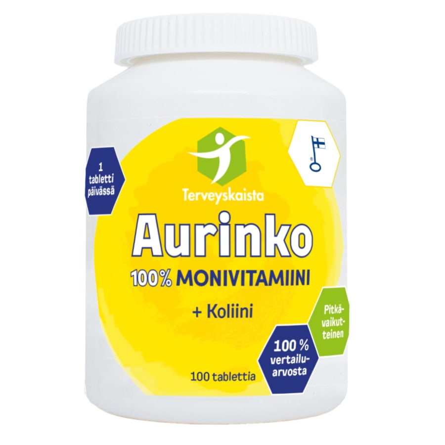 Terveyskaista Aurinko 100% Monivitamiini + Koliini 100 tabl. Ravintolisä