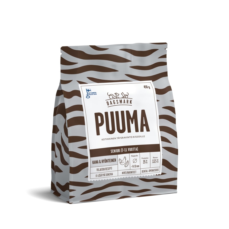 Dagsmark Puuma kana-hyönteinen viljaton 450 g täysravinto steriloiduille, ikääntyville ja keventäville kissoille
