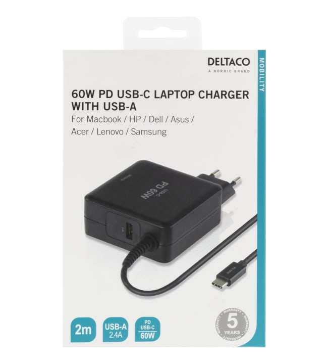 Deltaco SMP-USBC60PD 60W USB-C laturi kannettavalle tietokoneelle