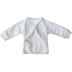 The first garment is a white wrap shirt