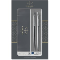 Parker Jotter Duo Gift Set with Ballpoint Pen & Mechanical Pencil (0.5mm) | Stainless Steel with Chrome Trim | Blue Ink Refill