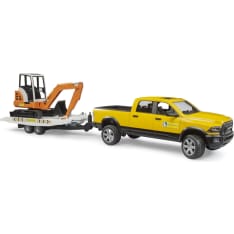 Bruder Dodge Ram Power Wagon perävaunulla ja minikaivuri