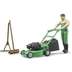 Bruder Bworld Gardener With Lawn Mower And Equipment puutarhuri ja ruohonleikkuri