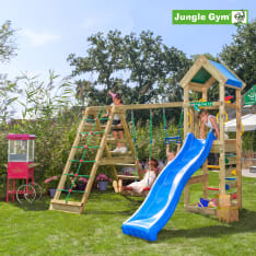 Jungle Gym Patio, kiipeilymoduuli, kaksi keinua, sininen liukumäki, leikkitornikokonaisuus