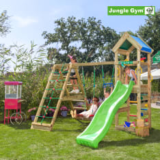 Jungle Gym Patio, kiipeilymoduuli, kaksi keinua, tummanvihreä liukumäki, leikkitornikokonaisuus