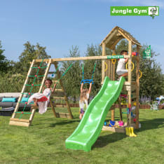 Jungle Gym Cocoon, kiipeilymoduuli, kaksi keinua, tummanvihreä liukumäki, leikkitornikokonaisuus