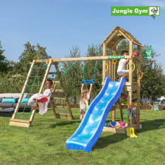 Jungle Gym Cocoon, kiipelymoduuli, kaksi keinua, sininen liukumäki, leikkitornikokonaisuus