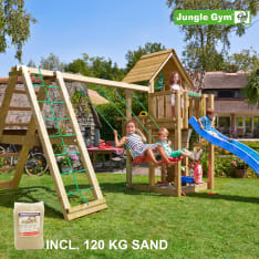 Jungle Gym Cubby leikkitorni ja Climb Module Xtra 120 kg hiekkaa sekä liukumäki