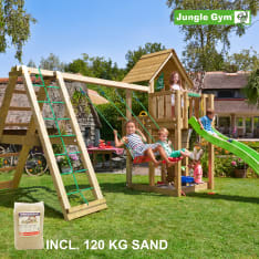 Jungle Gym Cubby leikkitorni ja Climb Module Xtra 120 kg hiekkaa sekä liukumäki