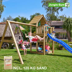 Jungle Gym Cubby leikkitorni ja Swing Module Xtra 120 kg hiekkaa sekä liukumäki