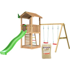 Jungle Gym Cottage 2.1, Swing Module, 120 kg hiekkaa, vihreä liukumäki, leikkitorni