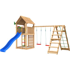 Jungle Gym Cabin 2.1, Climb Module, 120 kg hiekkaa, sininen liukumäki, leikkitorni