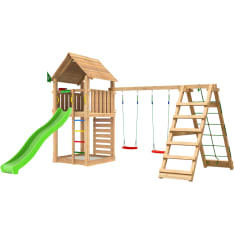 Jungle Gym Cabin 2.1, Climb Module, 120 kg hiekkaa, vihreä liukumäki, leikkitorni