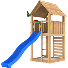 Jungle Gym Cabin 2.1, 120 kg hiekkaa, sininen liukumäki, leikkitorni