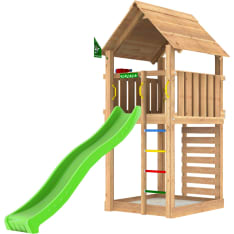 Jungle Gym Cabin 2.1, 120 kg hiekkaa, vihreä liukumäki, leikkitorni