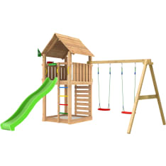 Jungle Gym Cabin 2.1, Swing Module, 120 kg hiekkaa, vihreä liukumäki, leikkitorni