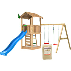 Jungle Gym Cottage 2.1, Swing Module, 120 kg hiekkaa, sininen liukumäki, leikkitorni