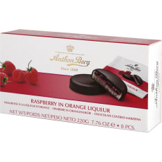 Anthon Berg Raspberries in orange liqueur 220 g marzipan cheese
