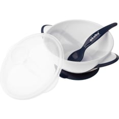 Akuku white/dark colored suction cup bowl with spoon