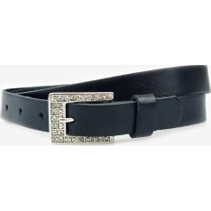 Veniz Black Leather Belt with Rhinestone Buckle