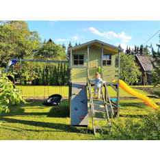 Fixu 3 playhouse with sandbox, slide, swings and climbing wall