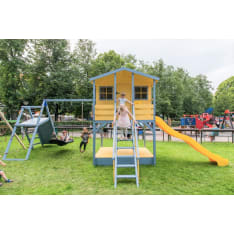 Fixu 4 playhouse with sandbox, slide, swings, climbing wall and ropes