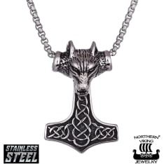 Northern Viking Jewelry Fenrir Wolfhead Thor's Hammer pendant