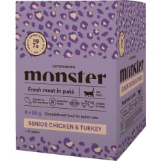 Monster Cat Pouches Senior kana/kalkkuna 8 x 85 g kissan märkäruoka