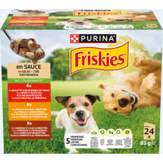 Friskies 24 x 85 g adult nautaa, lammasta ja kanaa kastikkeessa koiran märkäruoka