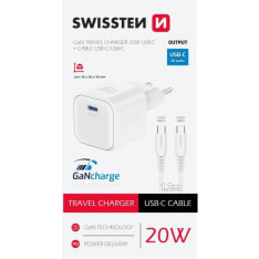 Swissten GaN USB-C + USB-C- kaapeli 20W laturi