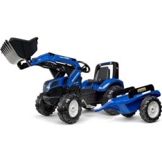 FALK New Holland polkutraktori kauhakuormaajalla ja peräkärryllä