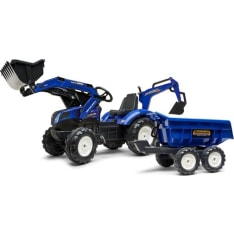 FALK New Holland polkutraktori kaivurilla, kauhakuormaajalla ja peräkärryllä