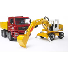 Bruder MAN TGA kuorma-auto ja Liebherr kaivinkone