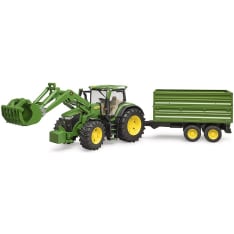 Bruder John Deere 7R 350 traktori etukuormaajalla ja perävaunulla