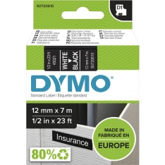 DYMO D1 12 mm x 7 m valkoinen teksti mustalla pohjalla tarrakirjoitinteippi