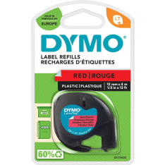 DYMO LetraTag 12 mm x 4 m musta teksti punaisella pohjalla muoviteippi