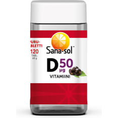 Sana-Sol D-vitamiini 50 µg Mustaherukka 120 purutabl. ravintolisä