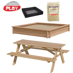 Nordic Play Active picnick- pöytä, suojaverkko, 200 kg hiekkaa sekä 150 x 150 cm lehtikuusi hiekkalaatikko