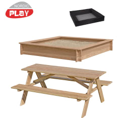 Nordic Play Active picnick- pöytä, suojaverkko sekä 150 x 150 cm lehtikuusi hiekkalaatikko