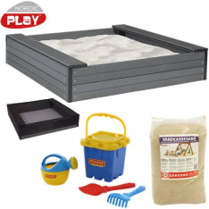 Nordic Play 24 x 120 x 120 cm hiekkalaatikko istuimilla, komposiitti, sisältää verkko, 240 kg hiekkaa ja sininen hiekkalel...