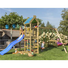 Jungle Gym Nomad sekä keinumoduuli, kaksi keinua ja sininen liukumäki
