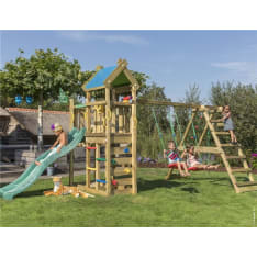 Jungle Gym Nomad sekä kiipeilymoduuli, kaksi keinua ja tummanvihreä liukumäki