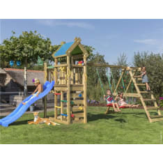 Jungle Gym Nomad sekä kiipeilymoduuli, kaksi keinua ja sininen liukumäki
