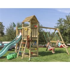 Jungle Gym Safari sekä keinumoduuli, kaksi keinua ja tummanvihreä liukumäki