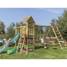 Jungle Gym Safari sekä kiipeilymoduuli, kaksi keinua ja tummanvihreä liukumäki