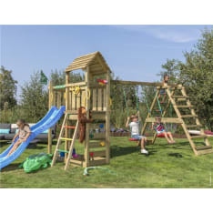 Jungle Gym Safari sekä kiipeilymoduuli, kaksi keinua ja sininen liukumäki