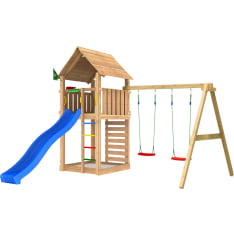 Jungle Gym Cabin 2.1, Swing Module, 120 kg hiekkaa, sininen liukumäki, leikkitorni