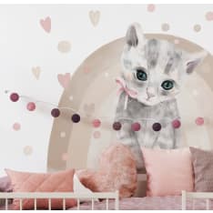 Pastelowe Kissa sateenkaarella ja sydämmillä 88x119cm sisustustarra