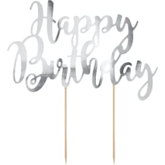 Happy Birthday hopeanvärinen kakkukoriste