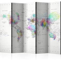 Artgeist Room Divider – White-Colorful World Map 5-osainen sermi